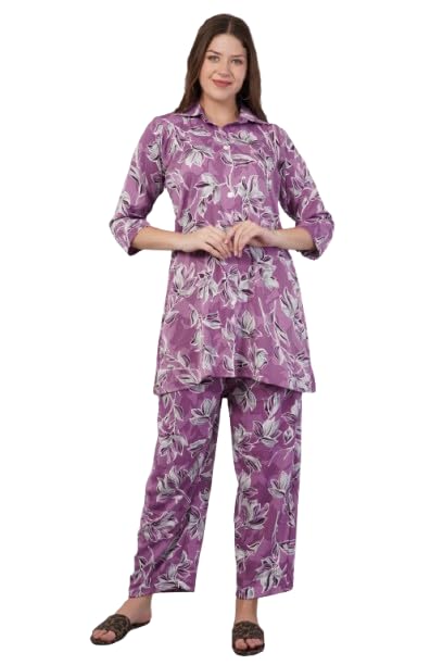 Women's Floral Print Polycotton Pyjama Co-ord Set, 3/4 Sleeve Collared Top with Pants, Available in Grey, Black, Blue, White, Purple, Beige.-image-27