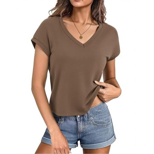 Totatuit Women Cropped T-Shirts Cap Sleeve V Neck Loose Fit Summer Tee Shirts Casual Plain Tops 2026 Trendy Clothes Brown X-Large