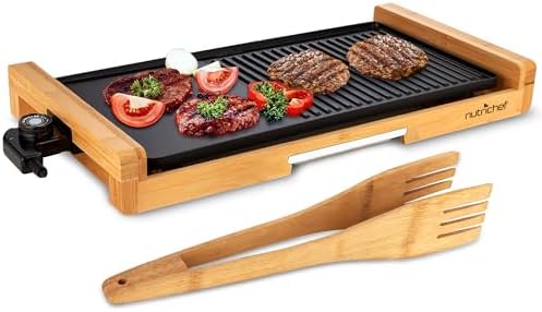 NutriChef Electric Grill Smokeless Indoor – Bamboo Tray, Non-Stick Plate, Adjustable Thermostat, Dishwasher Safe, 1800W Power