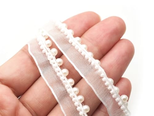 CRAFTMEMORE Pearl Bead Tassel Fringe Lace White Edge Trim Ribbon, Embroidered Applique for Sewing, Craft, Wedding, Bridal Dress TG02257 (2 Yards)