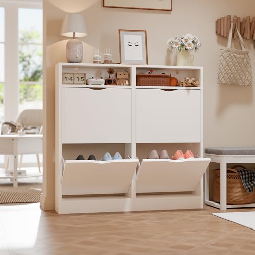 ELUCHANG Zapatero Estrecho con 4 Solapas & Compartimentos Abiertos, Mueble Zapatero Armario Moderno para Entrada, Recibidor y Dormitorio, Madera en Blanco, 100x17x100cm