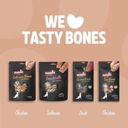 Rosewood Trio Bones Huhn Small – Feste Kauknochen mit Huhn, Kausnack aus Rinderhaut für kleine Hunde, unterstützt die Zahnpflege, ohne Getreide, ohne künstliche Zusatzstoffe, 80 g