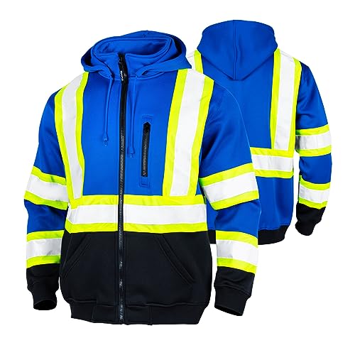 FONIRRA Hi Vis Safety Fleece Zip Hoodie for Men Reflective Sweatshirts ANSI Class 3 Jackets Detachable Hood (Blue,L)