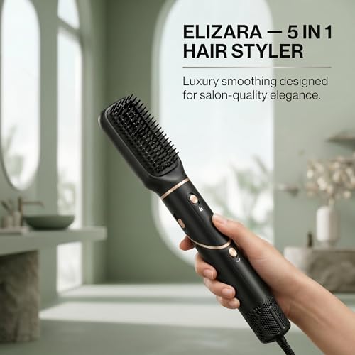 Image of Hair Styler 5 in 1 Hot Air Brush | Blow Dryer Brush | Curling Iron | Straightener Brush & Volumizer | Negative Ion | 3 Heat Settings | Frizz-Free Salon Finish for Women - 1 Year Warranty