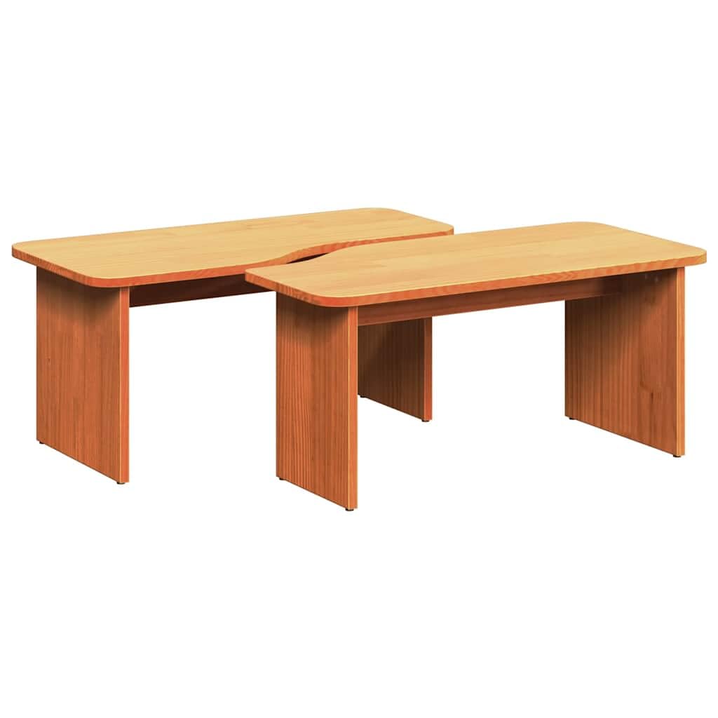 Table basse gigogne en pin massif brun ciré - Lot de 2 tables rondes rustiques 100 et 80cm