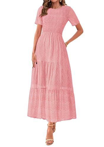 BTFBM Women Casual Short Sleeve Crew Neck Summer Dress Bohemian Floral Printed Flowy Maxi Dresses Tiered Cocktail Dress