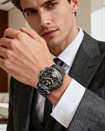 Image of OLEVS Black Automatic Watches for Men Business Dress Mechanical Watch Stainless Steel Waterproof Self Winding Classic Date Luxury Diamond Skeleton Men Wristwatch