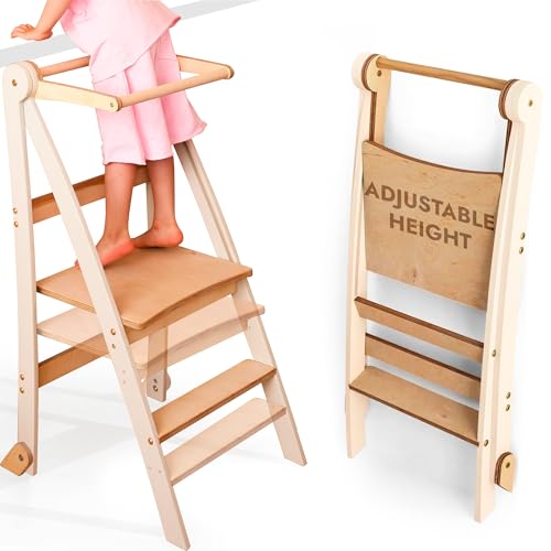 Wooden Montessori Learning Tower Space Saving: Foldable Learning Tower, Stool for Children, Foldable Kids' Step Stool,...