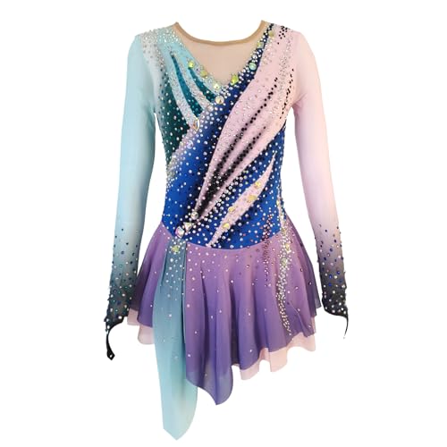 JoyCan Vestido feminino azul roxo patinação artística brilhante fantasia de competição, Azul, roxo,
