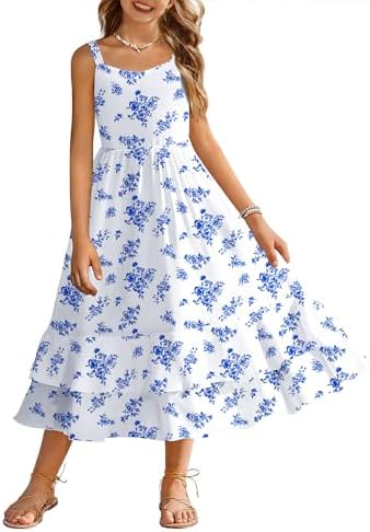 Arshiner Girls Floral Print Dress Casual Sleeveless Summer Sundress with Pockets for 11-12 Y Blue Floral