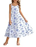 Arshiner Girls Floral Print Dress Casual Sleeveless Summer Sundress with Pockets for 9-10 Y Blue Floral