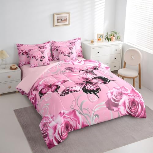 Image of Feelyou Cute Butterfly Comforter Set with Sheets 7 Piece Full Size 3D Butterflies Bedding Set for Kids Boys Girls Galaxy Dreamy Bed in a Bag Glitter Rose Floral Room Decor Soft Microfiber