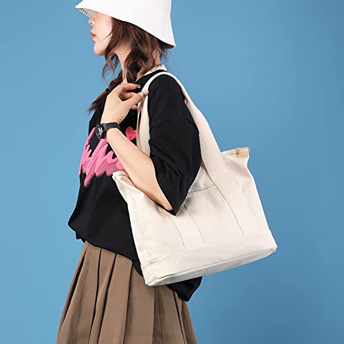 Bolso tote de lona para mujer beige tamaño mediano miniatura 3