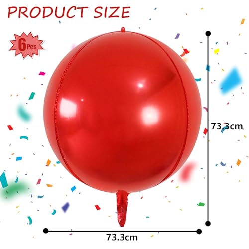 Image of Large Metallic Red Balloons 22 Inch Pack of 6 360 Degree 4D Round Red Metallic Balloons Red Chrome Balloons Red Foil Balloons Perfect for Christmas Decorations Party Balloons
