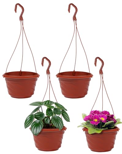 Liobelon 6inch Hanging Planters for Outdoor Plants,4 Pack Plastic Hanging Flower Pots for Garden Porch Plants (Red)
