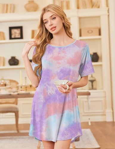 Image of Ekouaer Nightgowns for Women Bamboo Viscose Night Gown Short Sleeve Sleep Shirt Cooling Nightshirt Soft Sleepwear S-XXXL