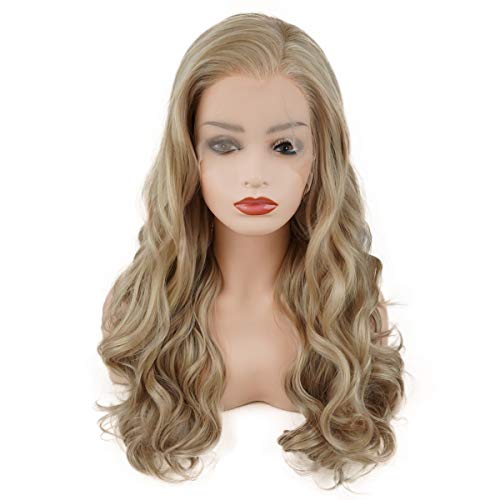 Meiyite Hair Wavy Long 24inch Two Tone Honey Blonde Mix Half Hand Tied Realistic Synthetic Lace Front Wigs