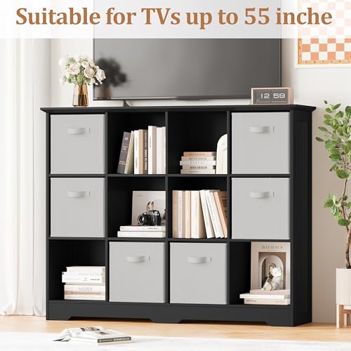 Image of 12 Cube Storage Organizer Shelf, Wood Cubby Storage with 6 Fabric Drawers, 3 Tier Wooden Bookshelf with 2 Adjustable Shelves & Fluted Side Panels for Bedroom, Living Room, Home Office, Black