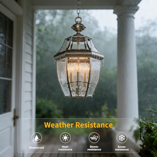 Image of Large Outdoor Pendant Light Fixture 3-Light, 20in Modern Silver Outdoor Chandelier Hanging Porch Light, Metal Exterior Ceiling Mount Hanging Lantern with Clear Glass for Front Door, Entrance, Gazebo