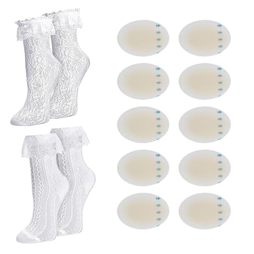 Women Lace Ruffle Socks & Blister Cushions for Feet: 2Pairs White Lace Socks 10Pcs Heel Gel Blister Bandages Wedding