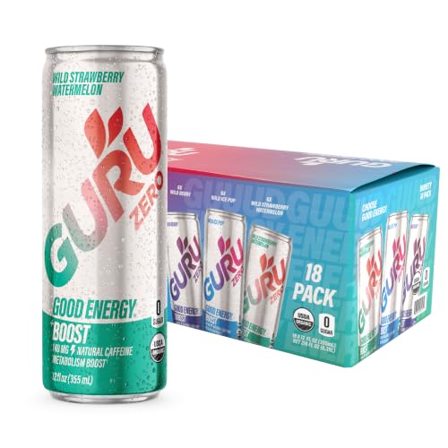 Image of GURU Zero Sugar Organic Energy Drink, Variety Pack, 12 Fl Oz, 18 Pack | 140 MG Natural Caffeine for Workouts, Performance & Midday Boost, With Real Fruit Juice, L-Theanine, Plant Based, Gluten Free