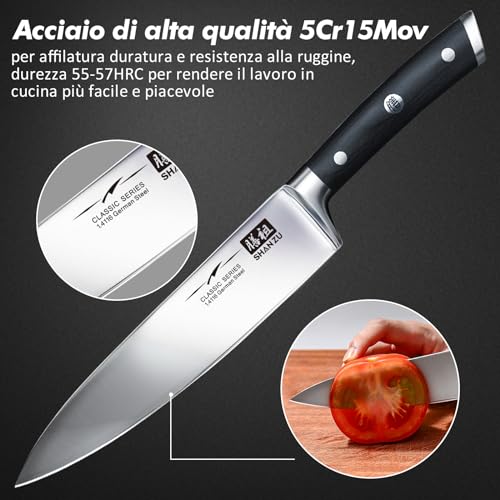 SHAN ZU Set di Coltelli da Cucina,Giapponesi Set di Coltelli 3 Pezzi Tedesco Acciaio Inox Ultra Affilati Compreso Coltello da Cucina 20 cm Coltelli Universali 15 cm Coltelli per Frutta 9,5 cm - immagine 4