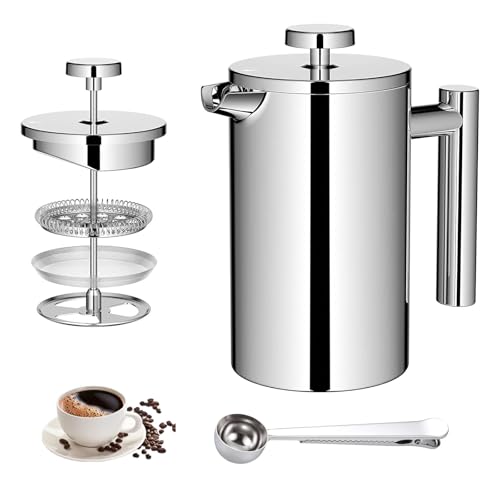 Eidoct Prensa de café de acero inoxidable de 350 ml, doble pared, resistente al calor, aislamiento de doble pared, cafetera de prensa francesa, filtro de 3 niveles, doble pared, acero inoxidable Eidoct Prensa de café de acero inoxidable de 350 ml, doble pared, resistente al calor, aislamiento de doble pared, cafetera de prensa francesa, filtro de 3 niveles, doble pared, acero inoxidable