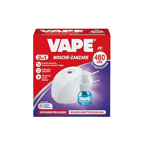 Vape Diffusore Liquido Insetti + Ricarica Liquida Mosche e Zanzare 22 ml, Diffusore Elettrico per Zanzare e Mosche, Antizanzare e Antimosche con Ricarica Efficiente 480 Ore