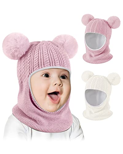 Baby Winter Hat Scarf Set 2 Pack, Toddler Beanie Hats Girl Boys With Neck Warmer&Double Pom Pom, Beanie For Kids Knit Warm Thick Fleece Lined For Cold Weather(Pink&White) #TOP6