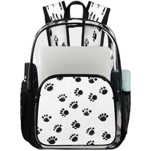 Cat Dog Paw Print Clear Backpack for Stadium Events, Black White Waterproof Clear Bag for Women Men Adult Sport Work Daily Music Festival and Concerts