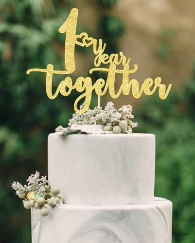 1 year together golden cake topper, happy 1st Anniversary Cake Toppers, 1st Anniversary Decorations, 1st Wedding Anniversary Party Supplies,One Anniversary Cake topper