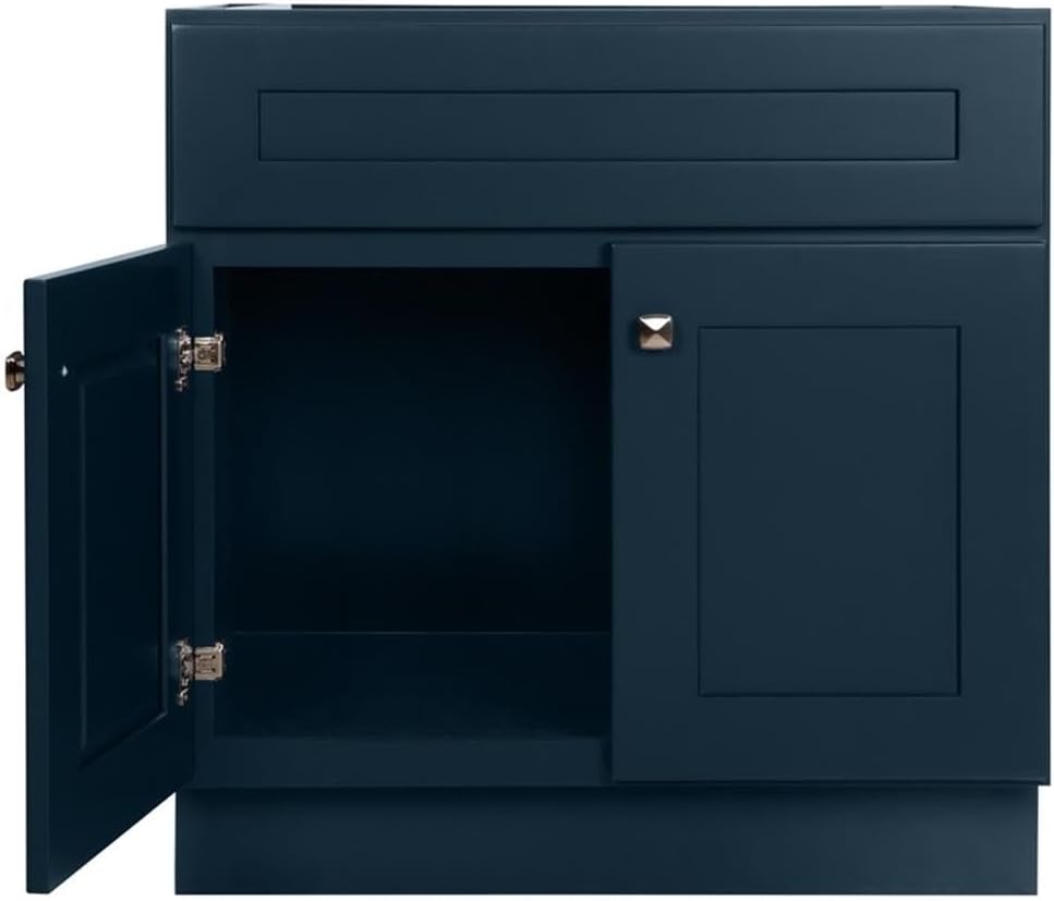 Pemberly Row Wood Bathroom Vanity Cabinet, Dark Navy Finish, 30 in, Solid Maple Face Frame, Shaker Style, Soft-Close Hinges, Unassembled, Fits 31 x 22 in Vanity Top, Elegant Storage for Modern