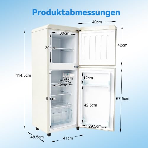 Petit réfrigérateur avec congélateur 112 L, mini frigo compact 2 portes, thermostat 7 niveaux, LED, clayettes ajustables, chambre et bureau, crème
