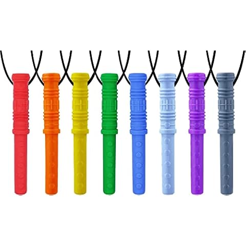 Sensory Chew Necklace by GNAWRISHING, 8 Pack Cylinder Chew Necklaces for Sensory Kids, Made from Food Grade Silicone for for Autistic, ADHD, Oral Motor Boys and Girls Children (Rainbow Color) Cover