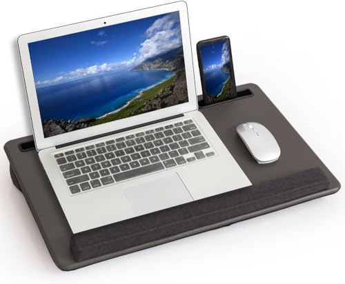 HLead Lap Desk Home Office Lap Desk Portable Laptop Desk for Left Right - Handers with Whole Mouse Pad Wrist Pad Dual Cushion Phone Tablet Slots Fits Up to 17 Inch Laptops