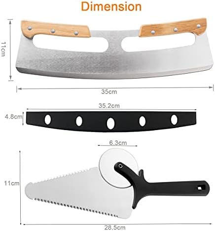 Pizza Knife Cutter, Pizza Slicer, 14" Sharp Stainless Steel Pizza Rocker Cutter with Safe Wooden Handle & Protective Cover and Small Pizza Shovel, Pizza Making Kit and Premium Pizza Oven Accessories