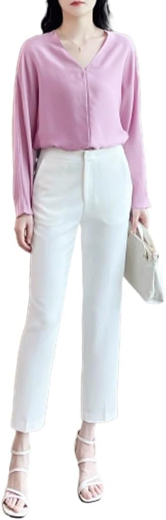 Solid Color Temperament V-Neck Pullover Silk Top Women Loose Bat Sleeve High-end Shirt(D,L Code)