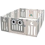 HONEY JOY Baby Play Yard, 16 Panel Owl Style Infant Playpen Activity Center for Toddlers, Anti-Slip Base & Lockable Door, Indoor Portable Safety Baby Fence Play Area for Boys Girls (Beige, 16 Panel)