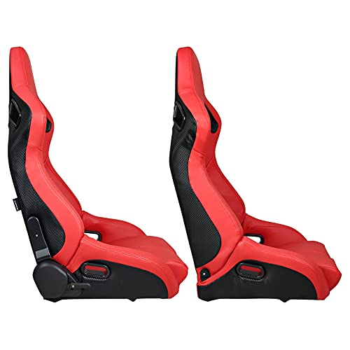 IKON MOTORSPORTS, Universal Racing Seats Pair with Dual Sliders, Red PU & Carbon Leather Reclinable Left Right