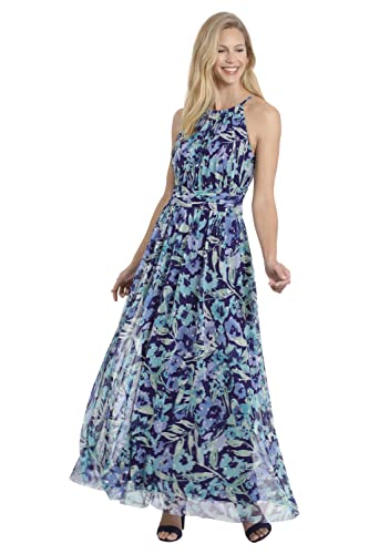 Image of London Times Women's London Times Mesh Halter Maxi Dress with Ruched Waistband Flowy Bohemian Beach Dresses