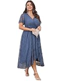 SCOMCHIC Womens Plus Size Wedding Guest Dress Formal Lace Wrap V Neck High Low Short Sleeve Cocktail Maxi Dresses XL-4XL Grey Blue