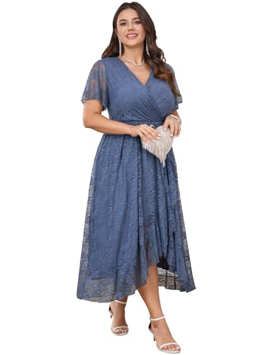 SCOMCHIC Womens Plus Size Wedding Guest Dress Formal Lace Wrap V Neck High Low Short Sleeve Cocktail Maxi Dresses XL-4XL Grey Blue