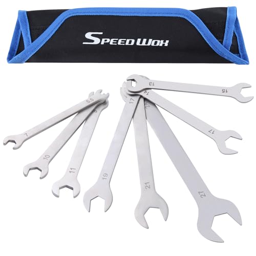 SPEEDWOX 8pcs 3MM Super-Thin Open End Wrench Set with Roll Pouch Long Pattern Combination Wrench Sets V-Groove Open End 5.5, 7, 8, 9, 10, 11, 13, 14, 15, 17, 18, 19, 21, 24, 27mm Slim Spanner Set