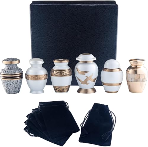 Bold & Divine Small Cremation Urns for Human Ashes | Set of 6 | 3 Cubic Inches | Mini Keepsakes with Velvet Case (Pearl White & Gold, Small Urns_Set of 6)