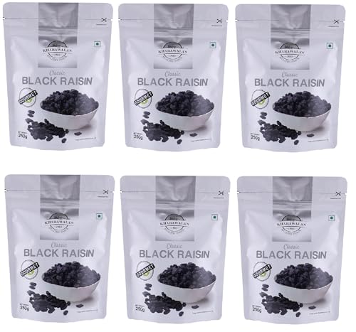 Image of KHARAWALA'S Afghani Classic Black Raisins with Seeds | Kali Kishmish (Pack of 6-250gm Each)