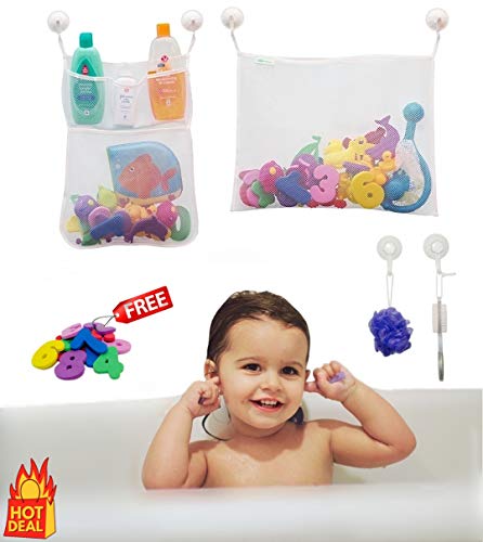 2 x Bath Toy Organizer + 6 Ultra Strong Suction Cups + Bonus Numbers & Shapes Bath Toys - The Perfect Bath Toy Holder Set For Kids, Toddlers & Adults - Bath Storage For Mold Free Toys