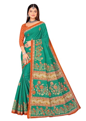 Image of Karishma Pure Cotton Mulmul (Stiff) Saree With Floral Print And Small Border. (Green)