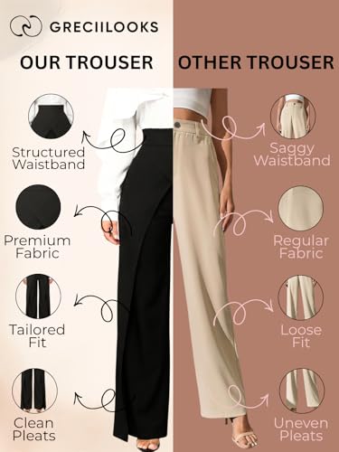 Image of GRECIILOOKS Trousers for Woman | Womens High Rise High Waist Flared Korean Style | Formal Pant for Women Office Wear| Track Pants for Womans Elegant for College & Events (Available in Plus Size)