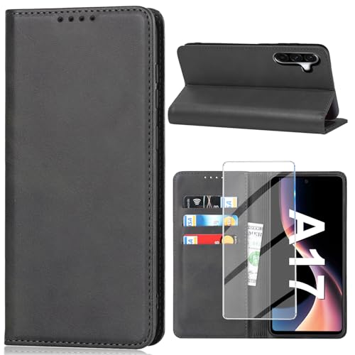 Vaki für Samsung Galaxy A17 5G Hülle mit Schutzfolie, Handyhülle Galaxy A17 5G PU Leder Wallet Kartenfach Klapphülle, Schutzhülle für Samsung A17 5G Flip Case Cover Coqu Tasche Handyschutz (Schwarz)