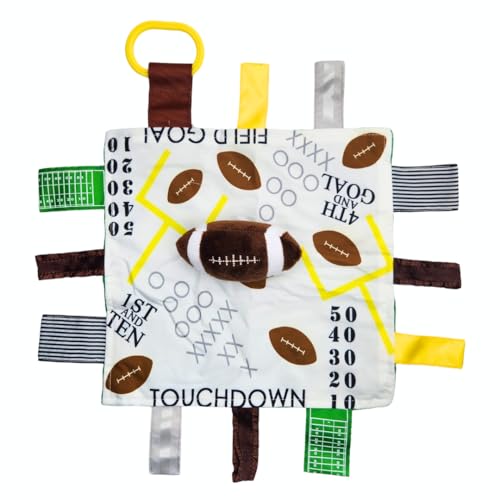 Image of Baby Jack & Co 10x10” Football Sports Lovey Sensory Plush Blanket - Tag Toys for Babies - Baby Stroller Toys - Learn Shapes, Letters & Colors - MVP Baby Ball Toy & Baby Sports Gift